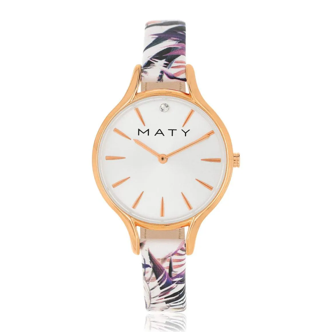 Montre femme dorée rose bracelet cuir fleurs tropicales
