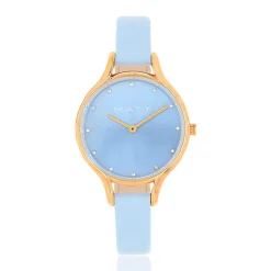 Montre femme dorée rose bracelet cuir bleu ciel