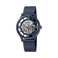 Montre Festina homme automatique acier bleu cadran squelette bracelet acier bleu maille milanaise