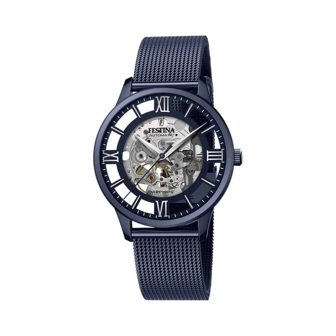 Montre Festina homme automatique acier bleu cadran squelette bracelet acier bleu maille milanaise