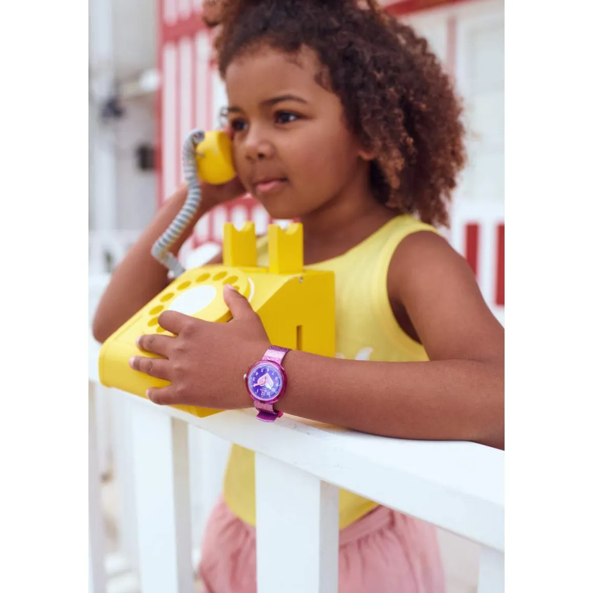 Montre Flik Flak Color my life Stripy Glitter enfant plastique biosourcé bracelet PET recyclé rose