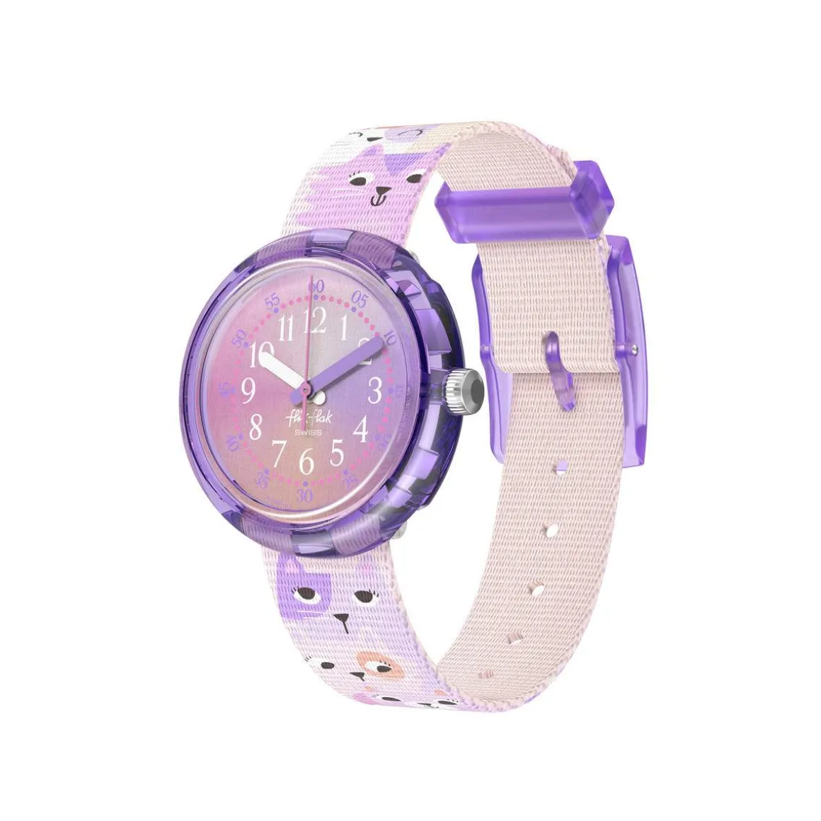 Montre FLIK FLAK CUTIE KITTY enfant cadran violet bracelet pet recycle rose