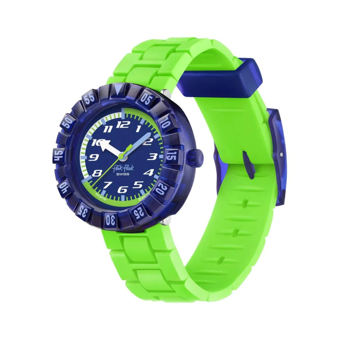 Montre FLIK FLAK NEONBRICK enfant cadran bleu bracelet silicone vert