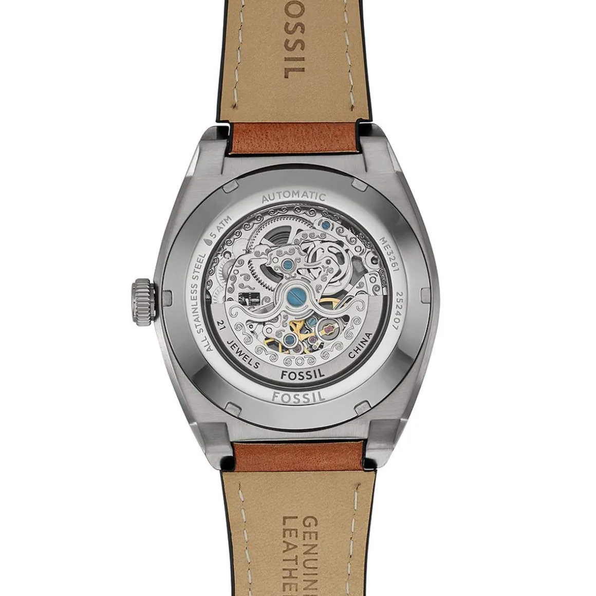 Montre fossil everett homme automatique, bracelet cuir marron