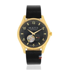 Montre homme coeur ouvert automatique acier doré bracelet cuir noir