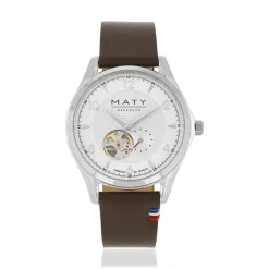 Montre homme coeur ouvert automatique acier bracelet cuir marron