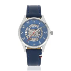 Montre homme squelette automatique acier bracelet cuir bleu
