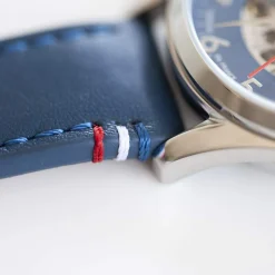 Montre homme squelette automatique acier bracelet cuir bleu