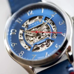 Montre homme squelette automatique acier bracelet cuir bleu