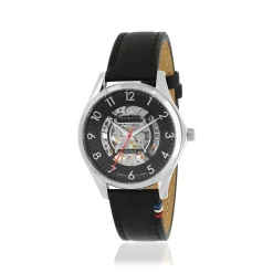 Montre homme squelette automatique acier bracelet cuir noir