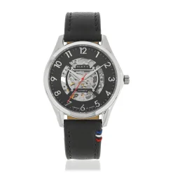 Montre homme squelette automatique acier bracelet cuir noir