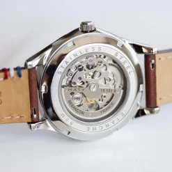 Montre homme squelette automatique acier bracelet cuir marron