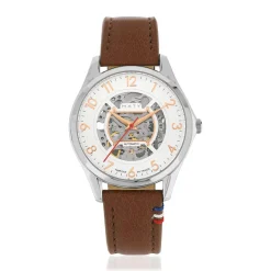 Montre homme squelette automatique acier bracelet cuir marron