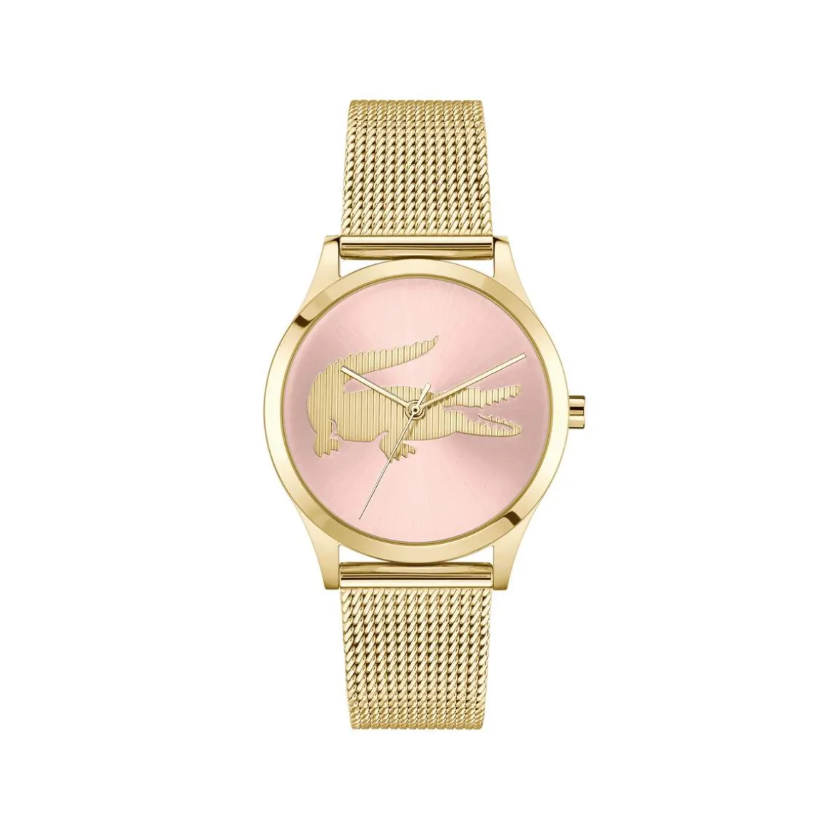 Montre LACOSTE crocodelle femme Acier doré jaune cadran rose bracelet maille milanaise