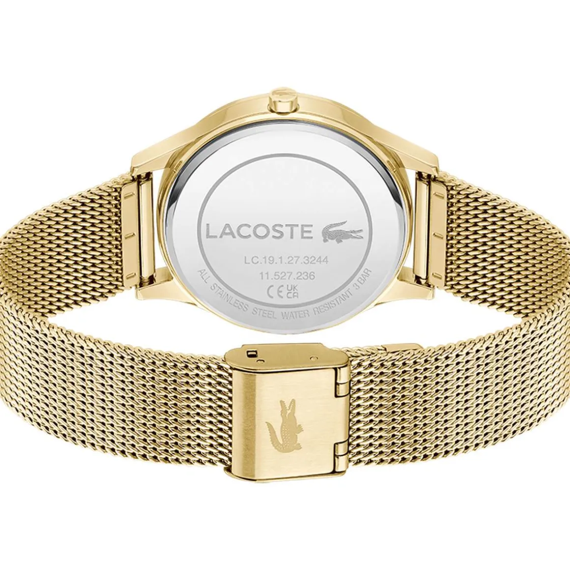 Montre LACOSTE crocodelle femme Acier doré jaune cadran rose bracelet maille milanaise