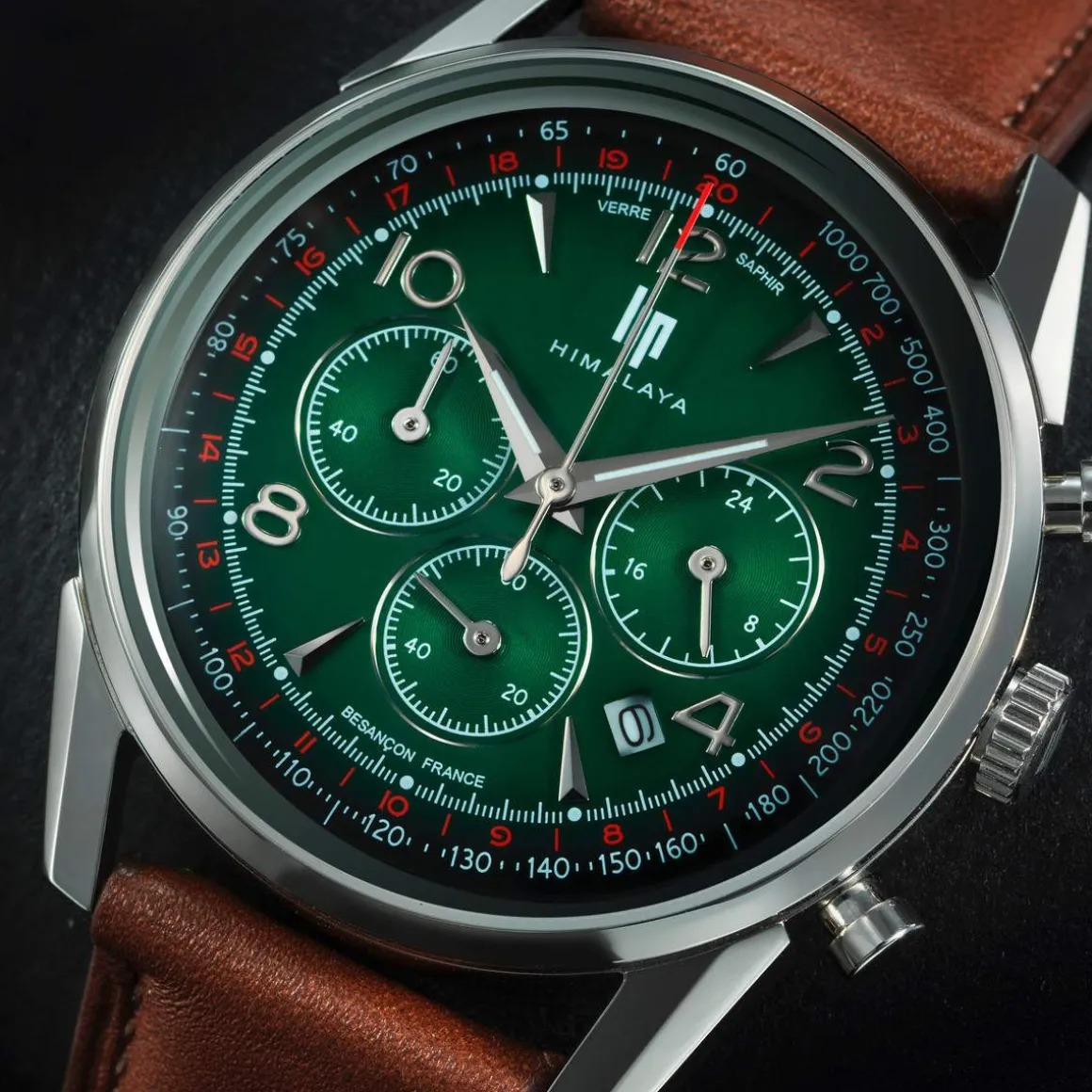 Montre LIP Himalaya chronographe homme cadran vert bracelet cuir marron