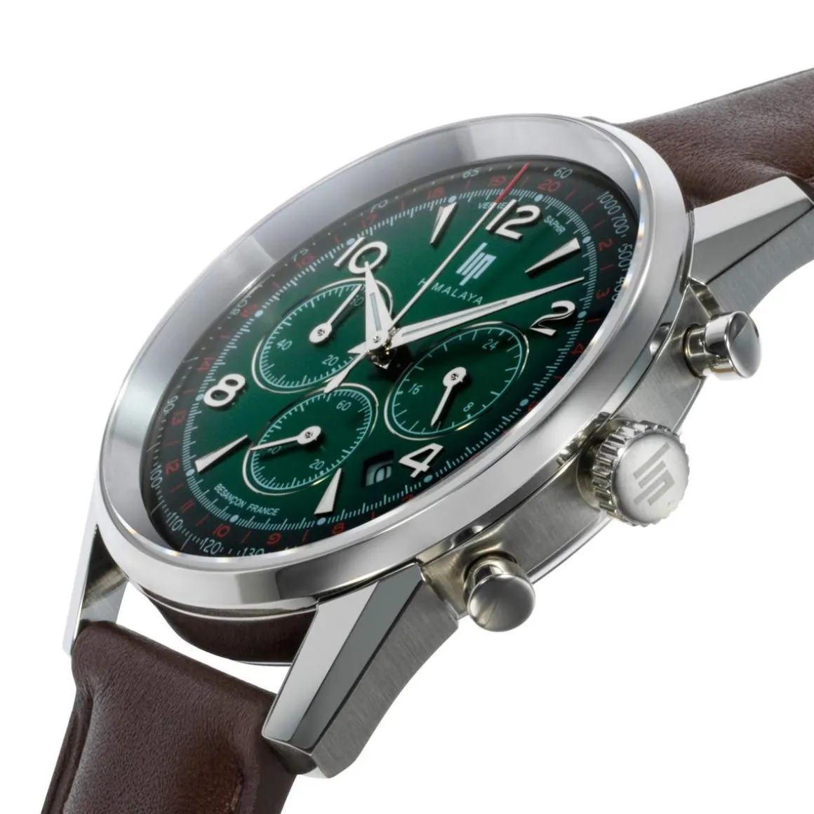Montre LIP Himalaya chronographe homme cadran vert bracelet cuir marron