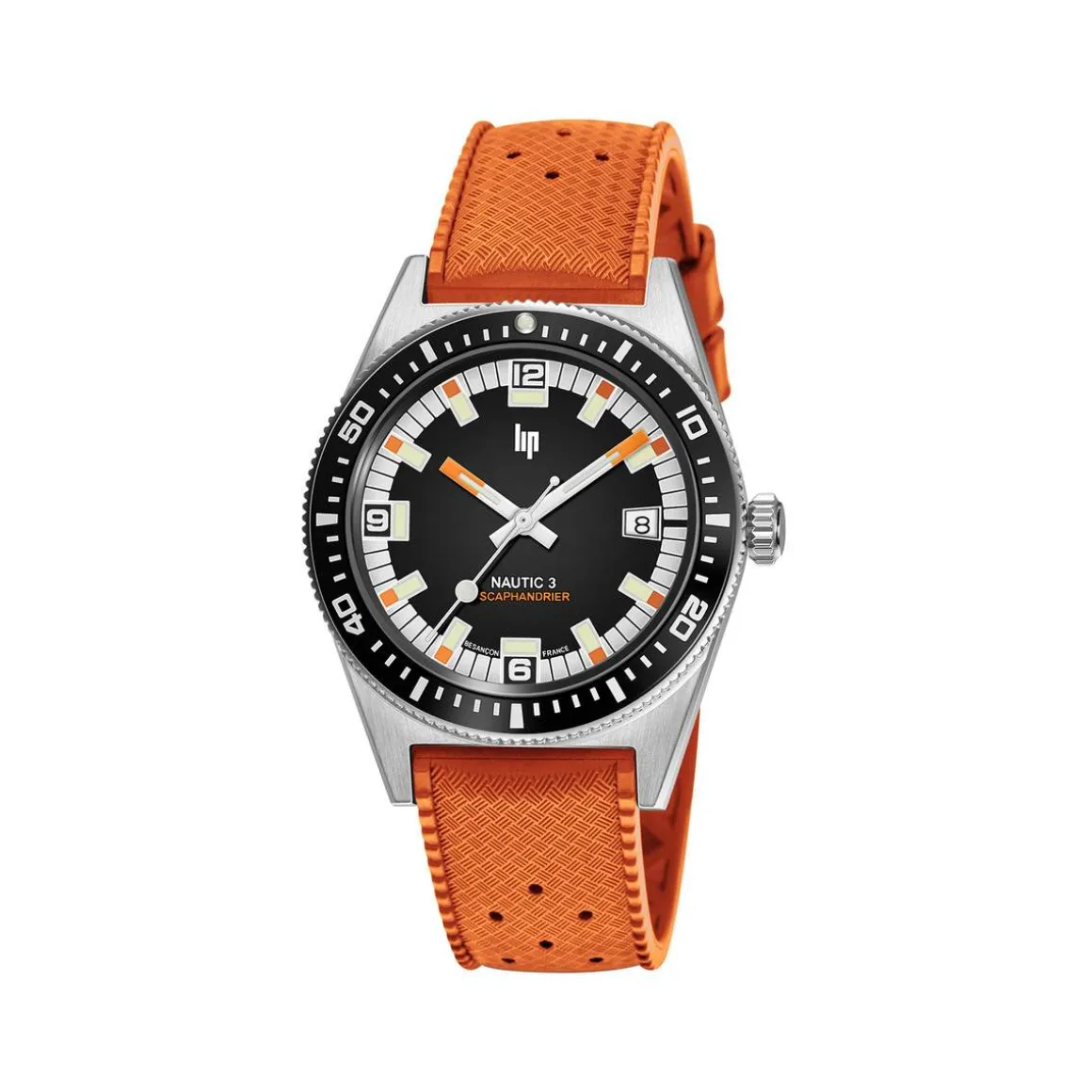 Montre LIP homme automatique, bracelet caoutchouc orange