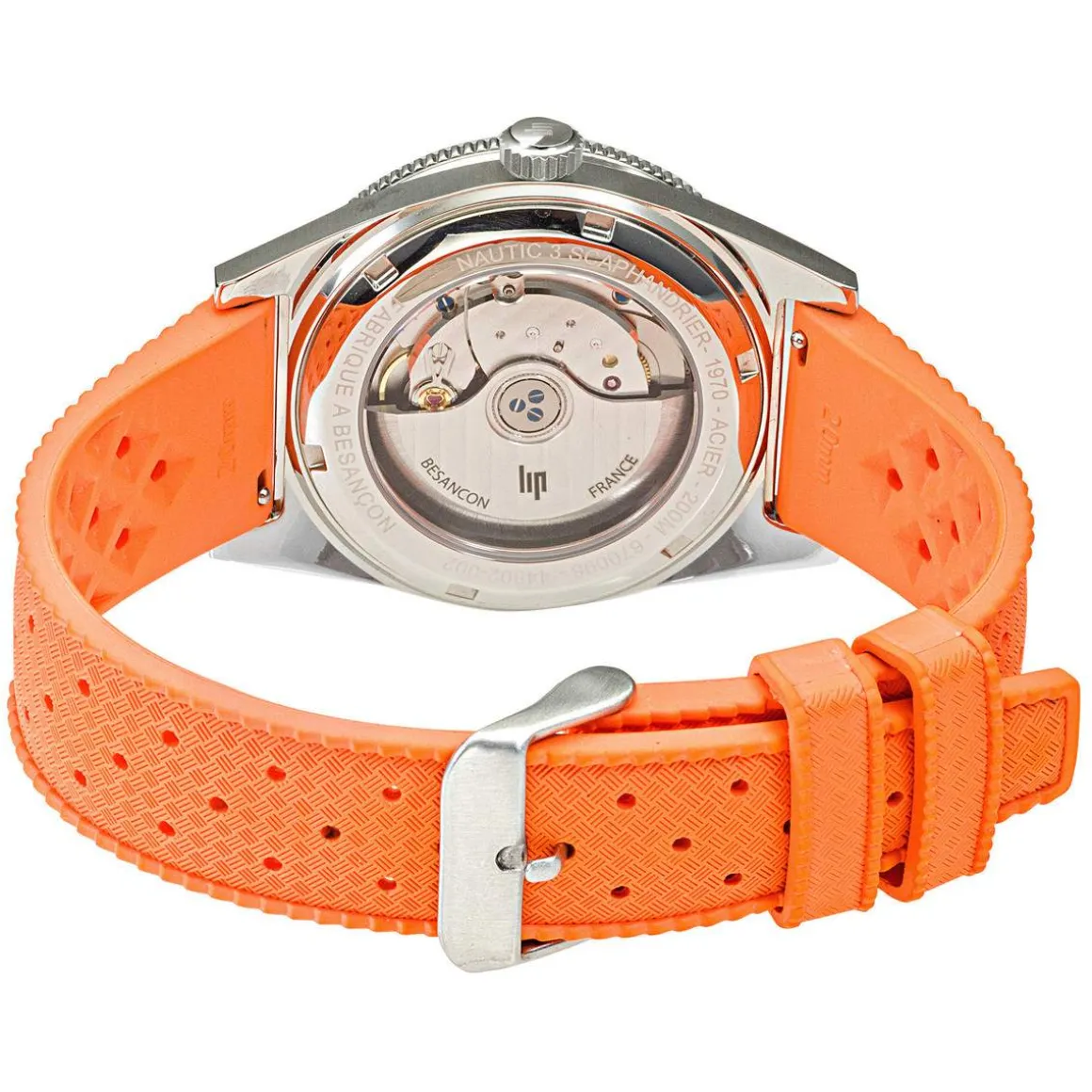 Montre LIP homme automatique, bracelet caoutchouc orange