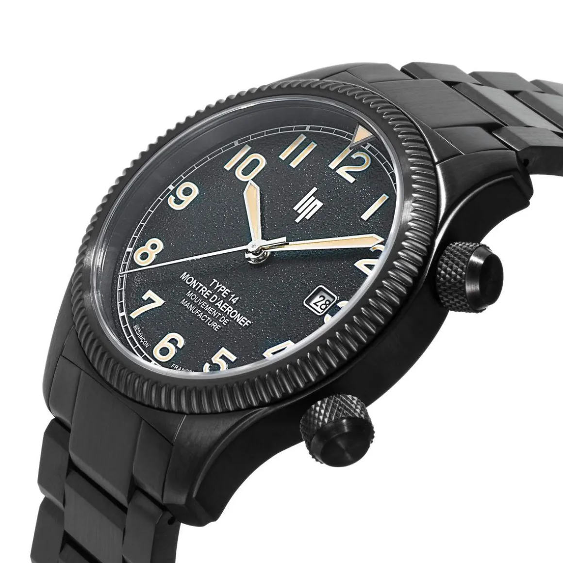Montre LIP MANUFACTURE type 14 homme automatique, bracelet acier inoxydable noir