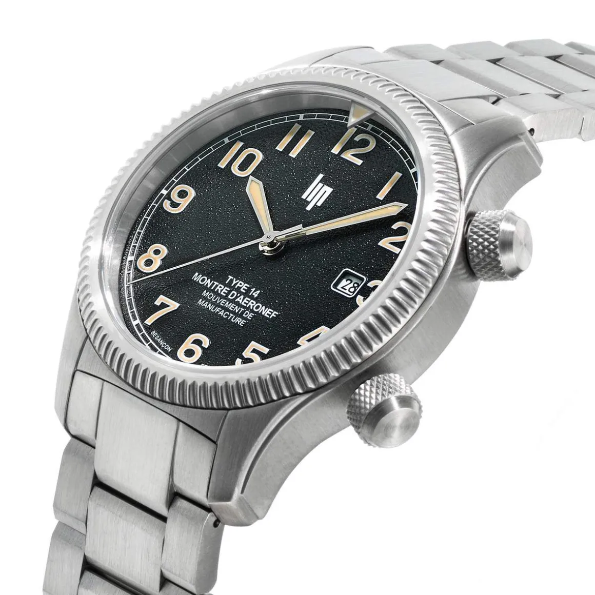 Montre LIP MANUFACTURE type 14 homme automatique, bracelet acier inoxydable argent