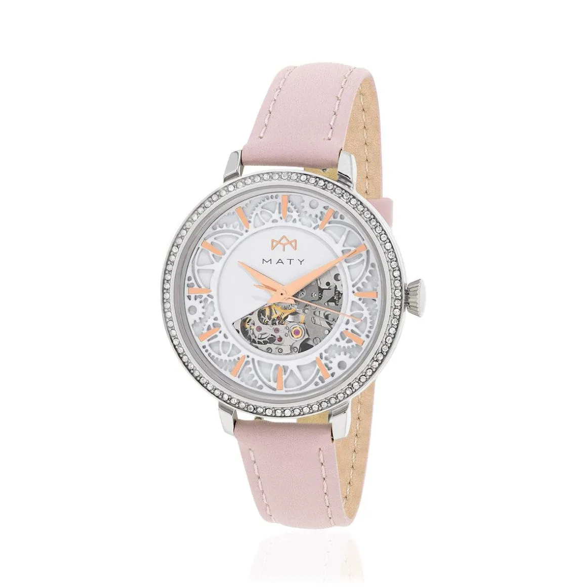 Montre MATY femme automatique, bracelet cuir rose