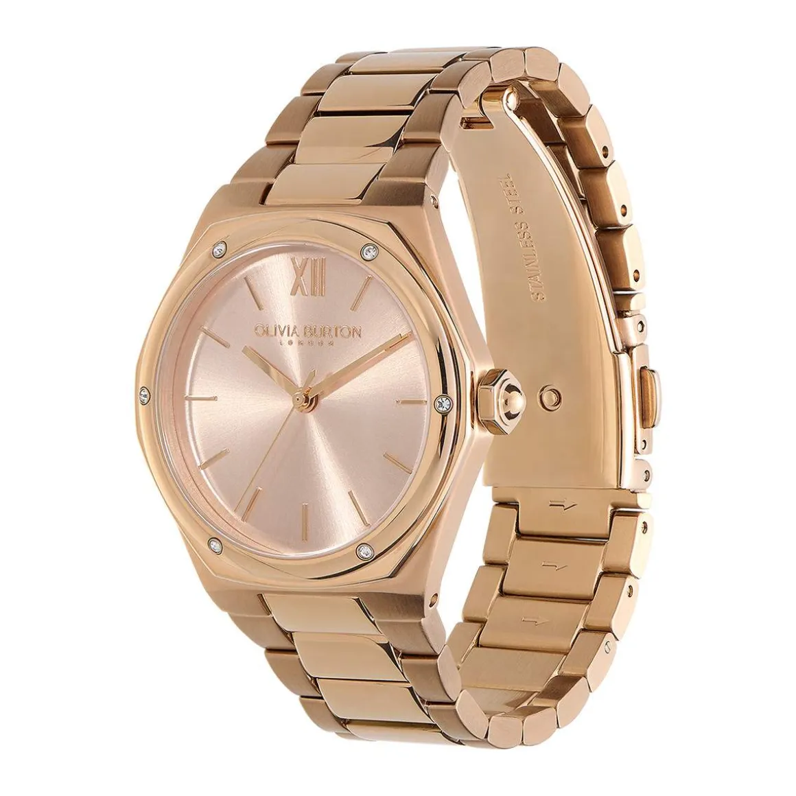 Montre OLIVIA BURTON hexa femme analogique, bracelet acier doré rose