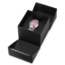 Montre SWATCH blossom time femme cadran rose bracelet acier inoxydable gris