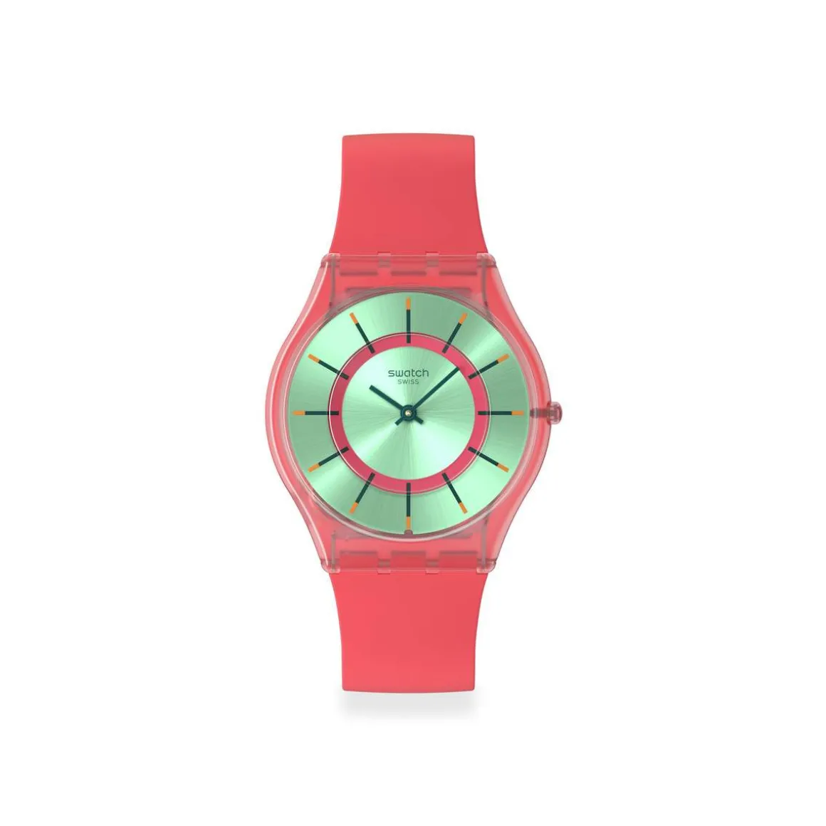 Montre SWATCH essentials mixte cadran vert bracelet silicone rouge