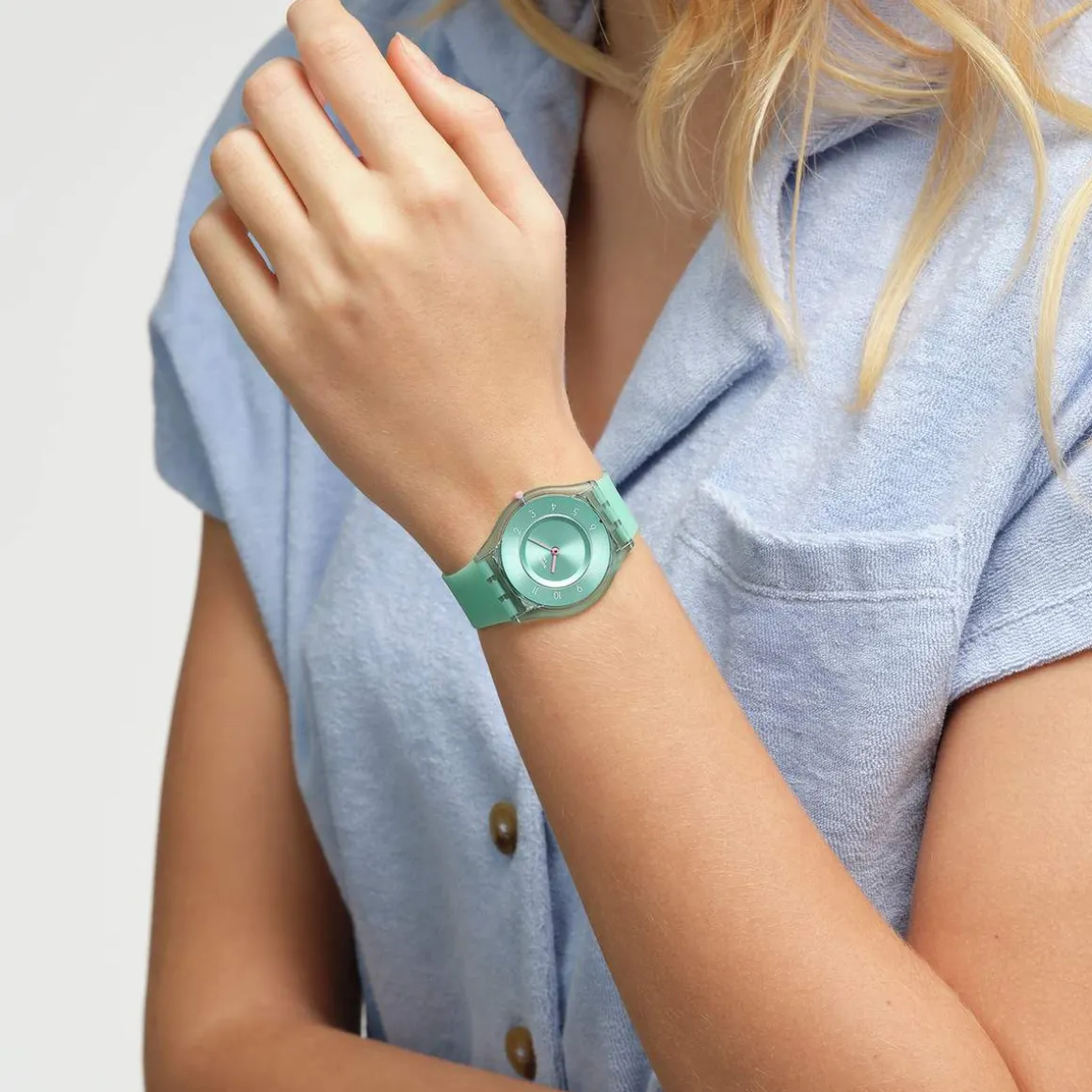Montre SWATCH Skin Classic biosourced Pastelicious teal femme bracelet silicone vert