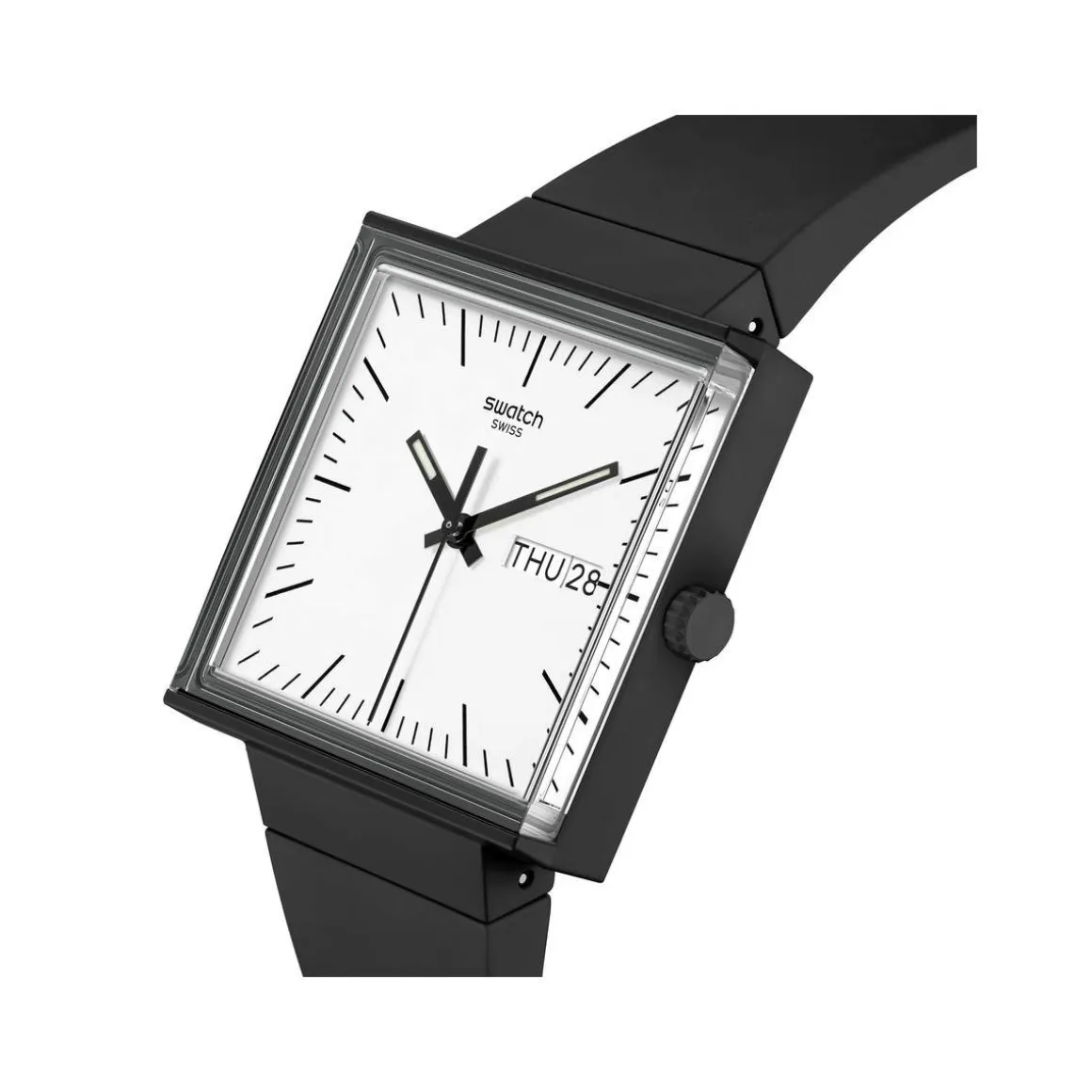 Montre SWATCH Square bioceramic What if black? homme bracelet matériau biosourcé noir