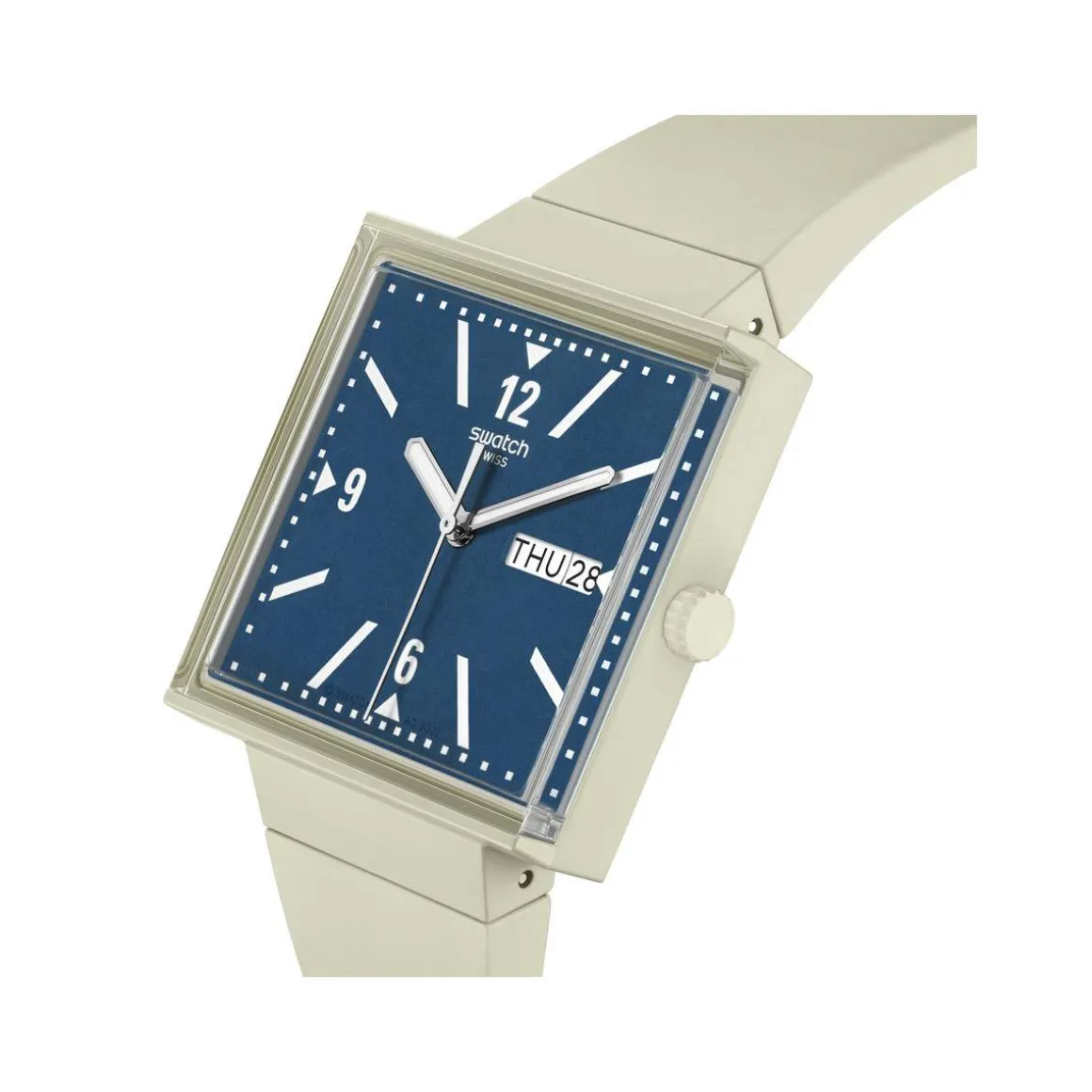 Montre SWATCH Square bioceramic What if beige? homme bracelet matériau biosourcé beige