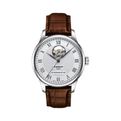 Montre TISSOT LE LOCLE POWERMATIC 80 OPEN HEART homme automatique cadran gris bracelet synthétique embossé façon alligator brun
