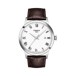 Montre TISSOT T-CLASSIC DREAM homme cadran blanc bracelet cuir brun