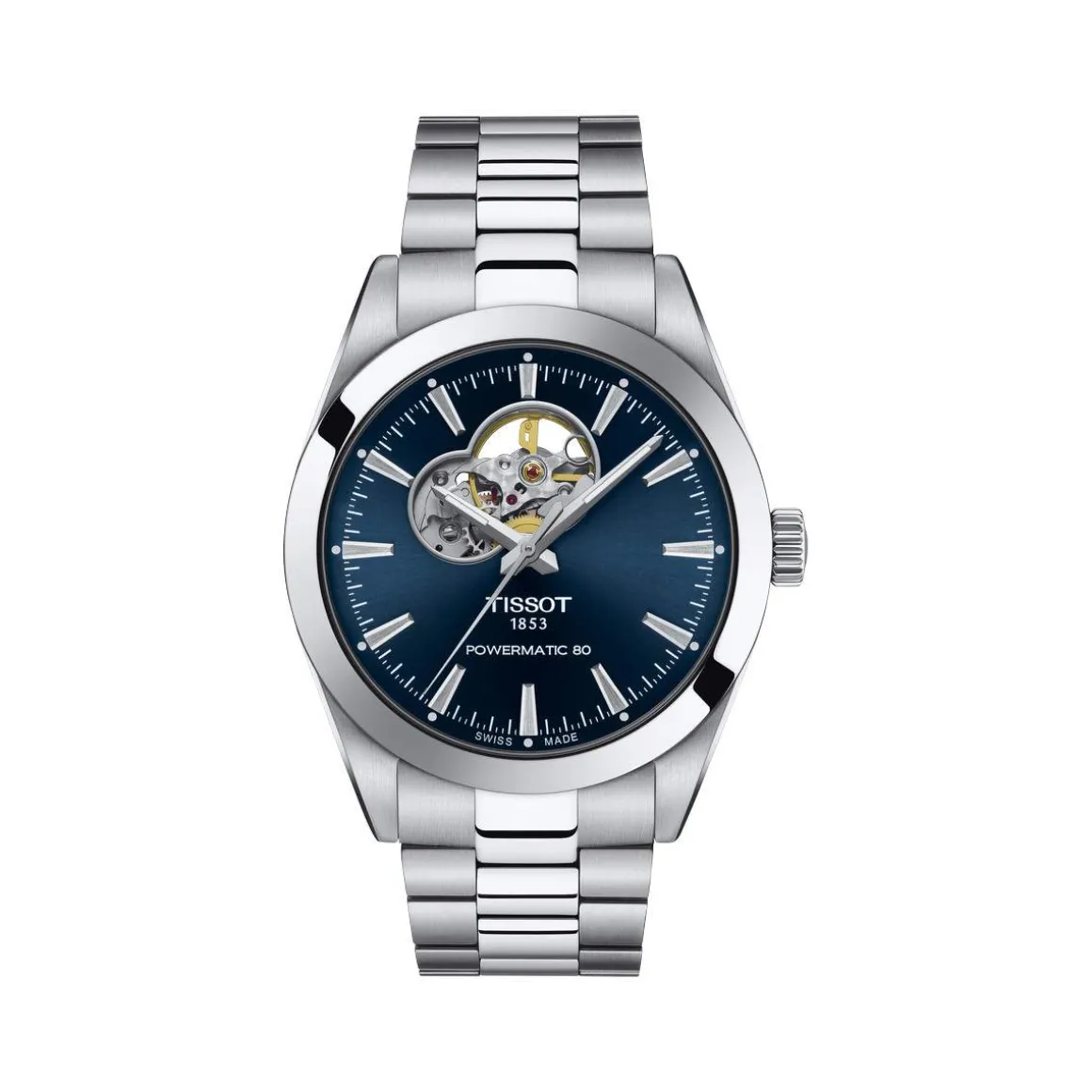 Montre TISSOT T-CLASSIC GENTLEMAN OPEN HEART POWERMATIC 80 mixte automatique cadran bleu bracelet acier inoxydable