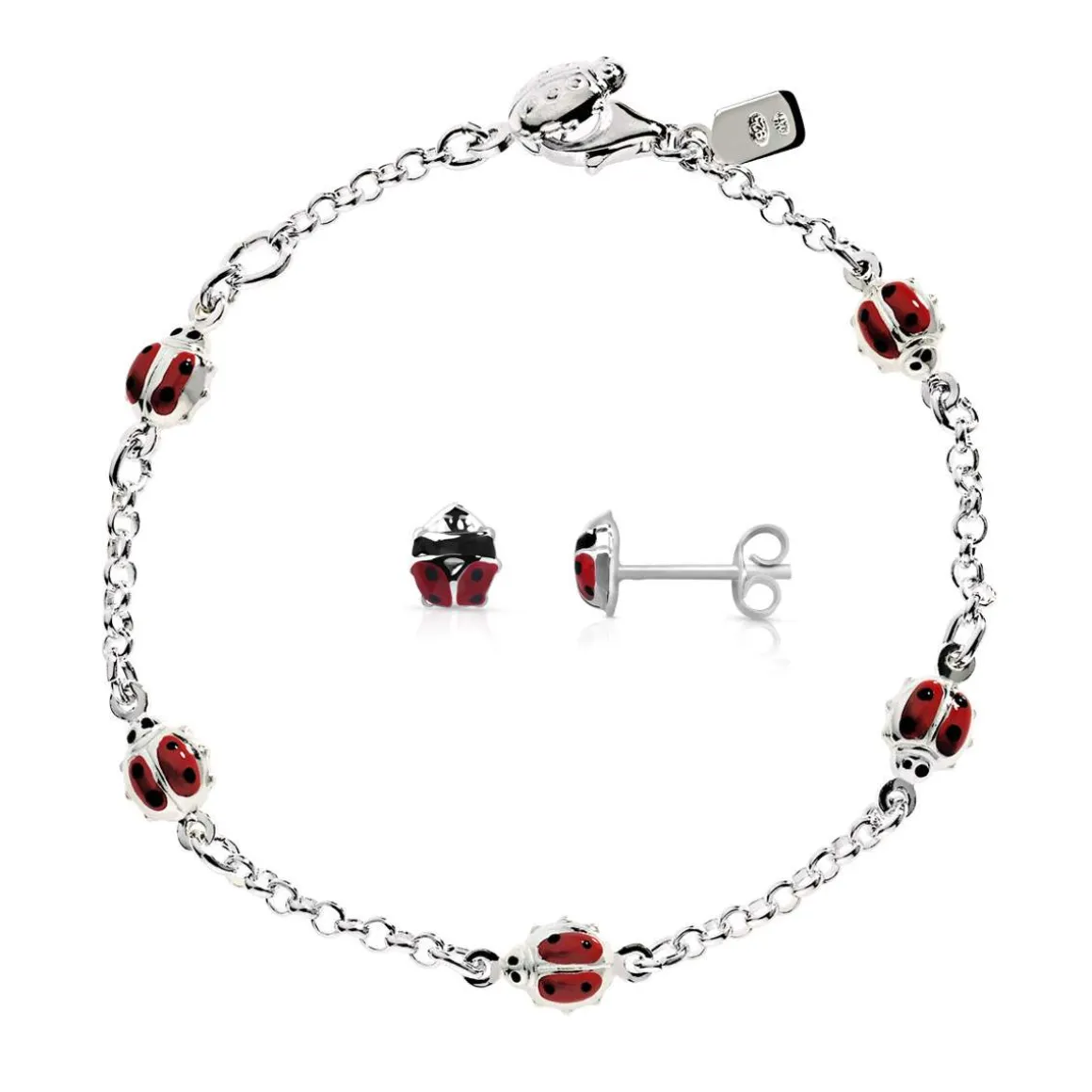 Parure bracelet 17 cm et boucles d'oreilles argent 925 coccinelles