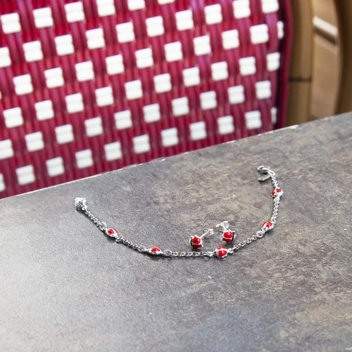Parure bracelet 17 cm et boucles d'oreilles argent 925 coccinelles