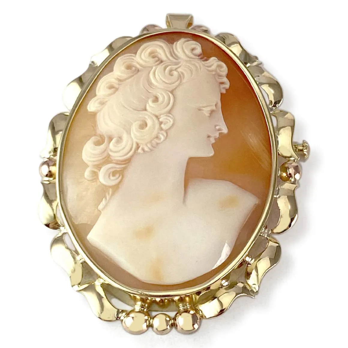 Pendentif broche d'occasion or 750 jaune camée coquille
