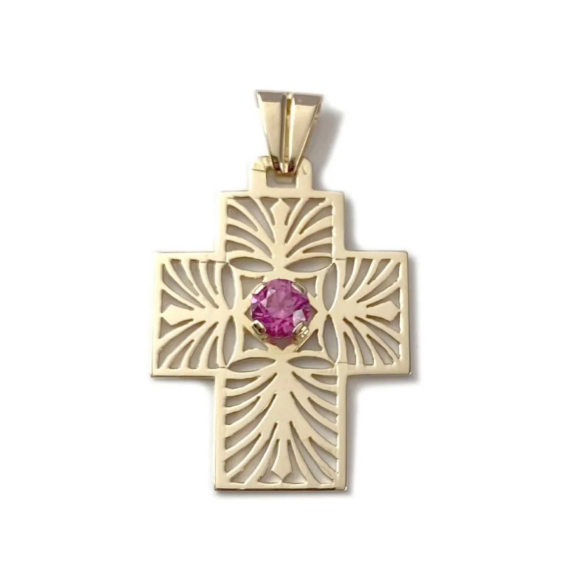 Pendentif croix d'occasion or 750 jaune rubis synthétique
