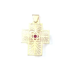 Pendentif croix d'occasion or 750 jaune rubis synthétique