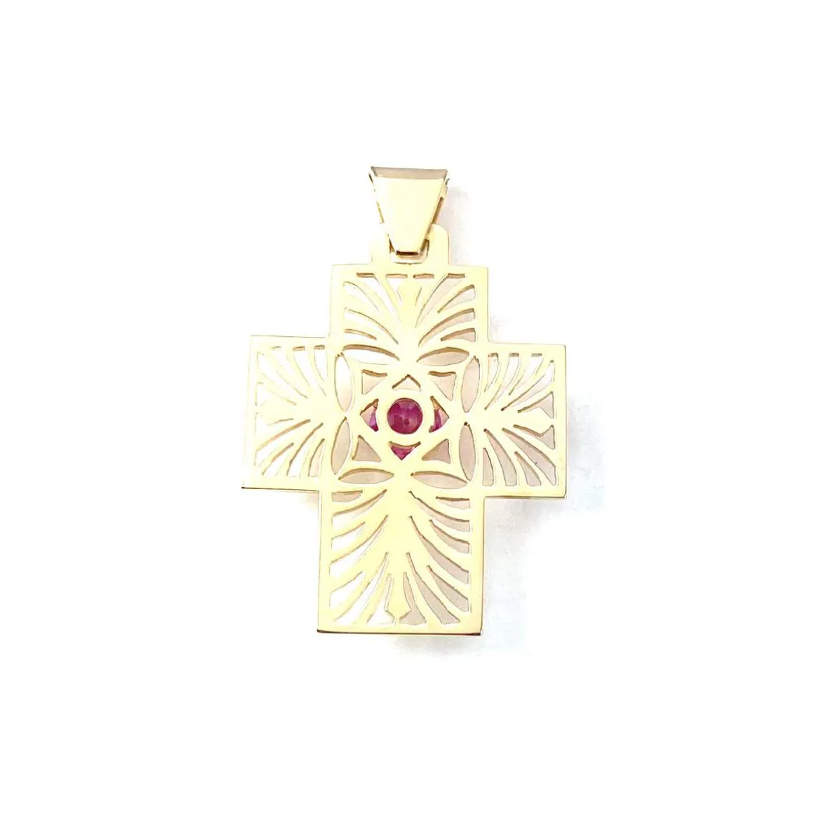 Pendentif croix d'occasion or 750 jaune rubis synthétique