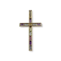 Pendentif croix Guy Laroche d'occasion or 750 jaune améthystes grenat topazes bleues traitées peridot citrine