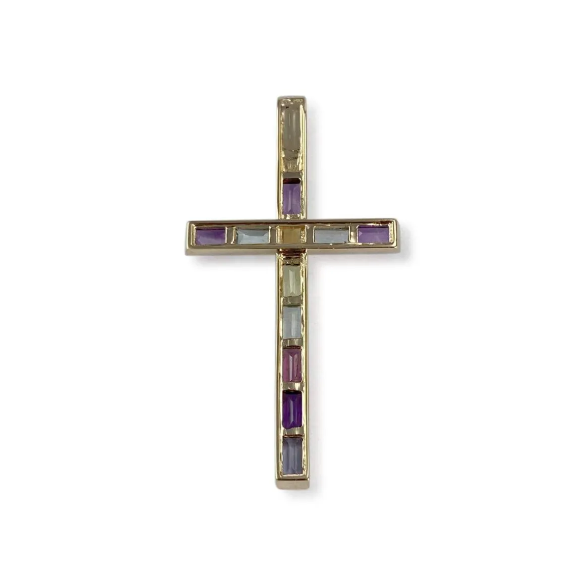 Pendentif croix Guy Laroche d'occasion or 750 jaune améthystes grenat topazes bleues traitées peridot citrine