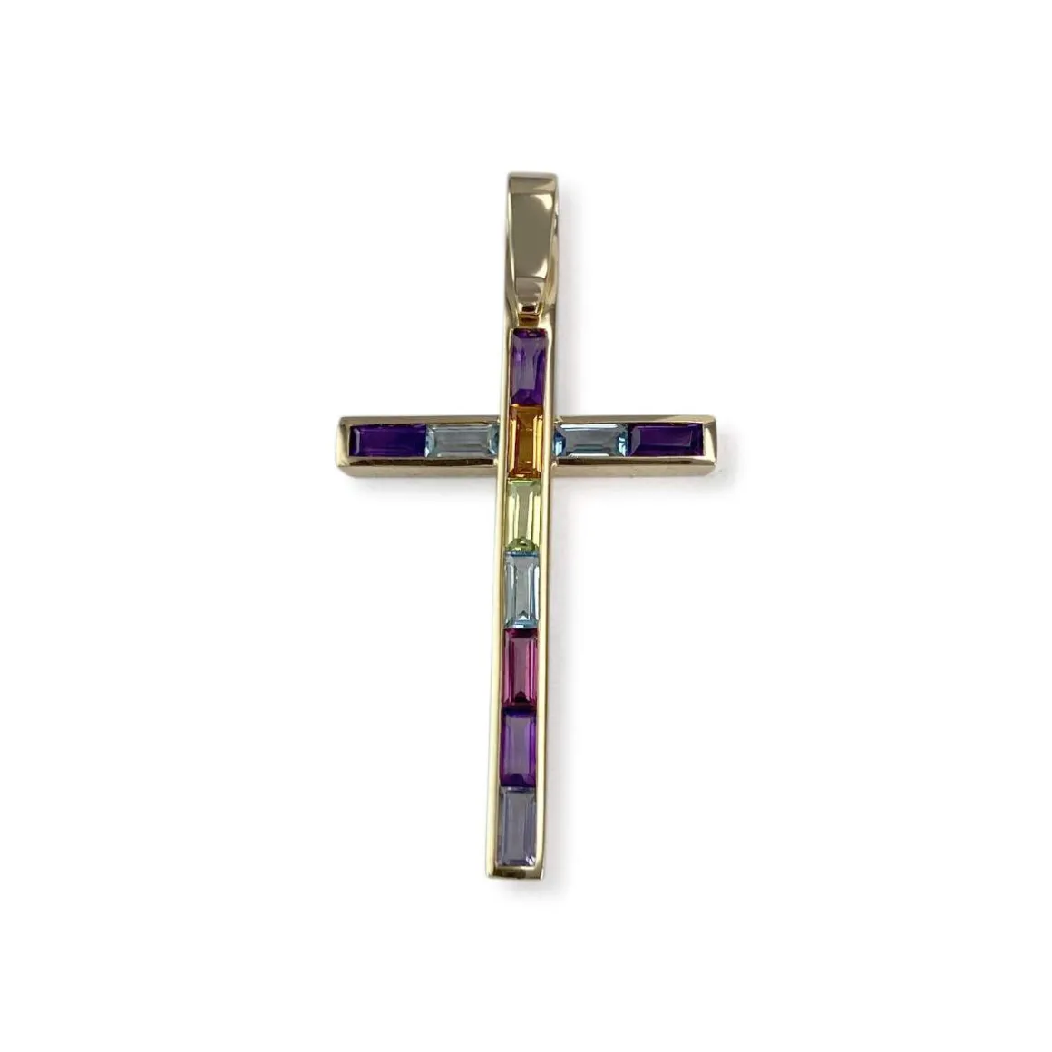 Pendentif croix Guy Laroche d'occasion or 750 jaune améthystes grenat topazes bleues traitées peridot citrine