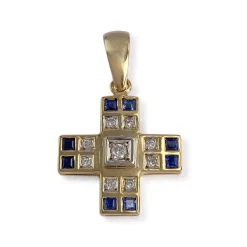 Pendentif d'occasion or 750 2 tons motif croix diamants saphirs