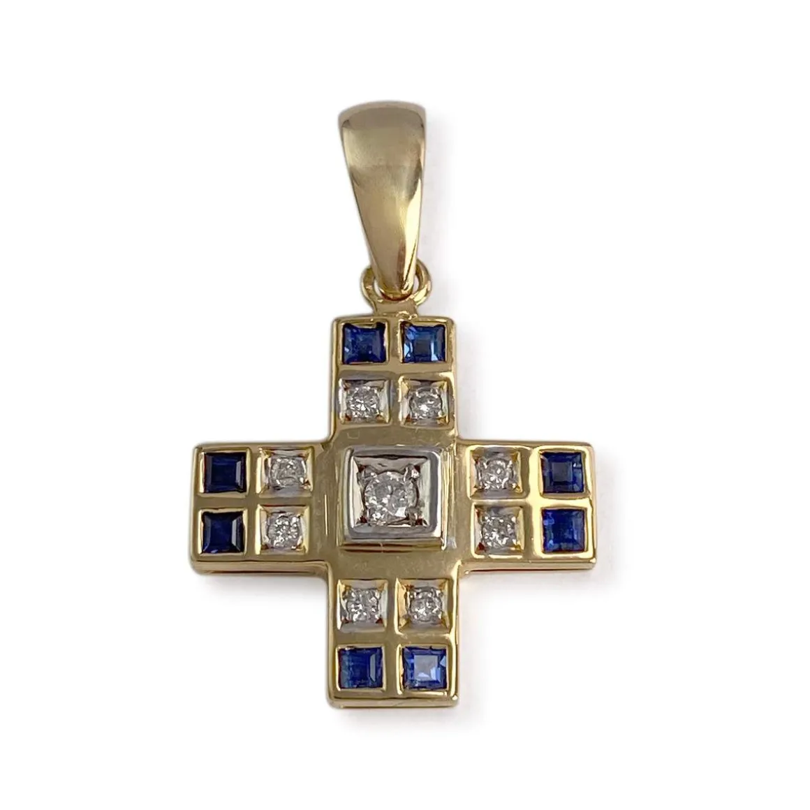 Pendentif d'occasion or 750 2 tons motif croix diamants saphirs