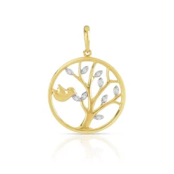 Pendentif or 375 2 tons oiseau et arbre diamants